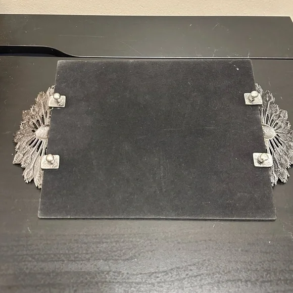 Vintage Enamel Rhinestone Pewter Peacock Mirror Vanity Tray